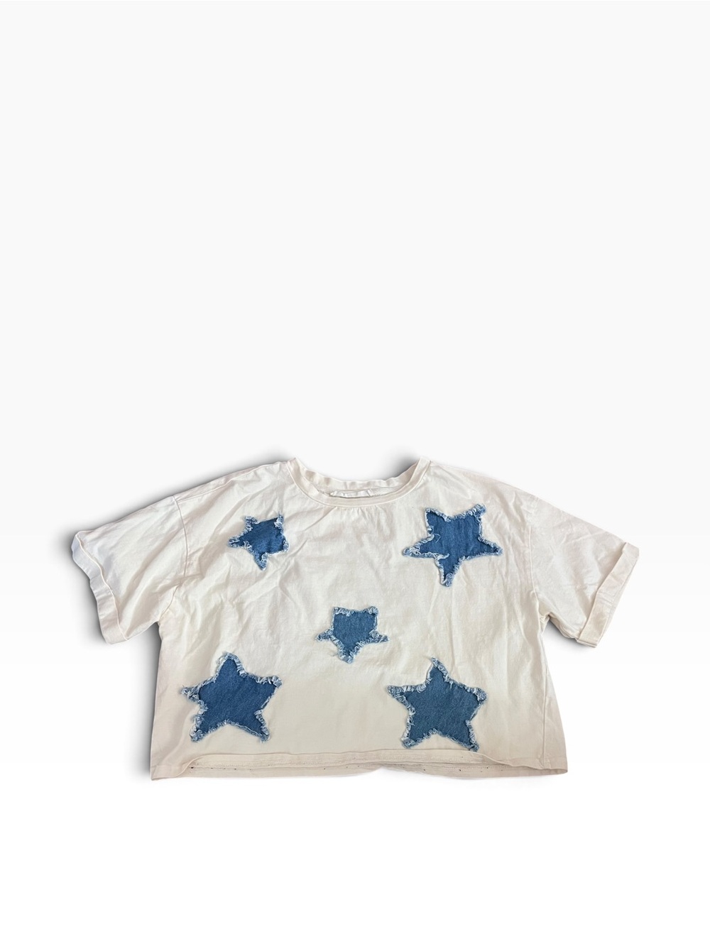 Stitch + Feather Women’s Size Small Cream Crop Top T-Shirt Denim Stars Crewneck